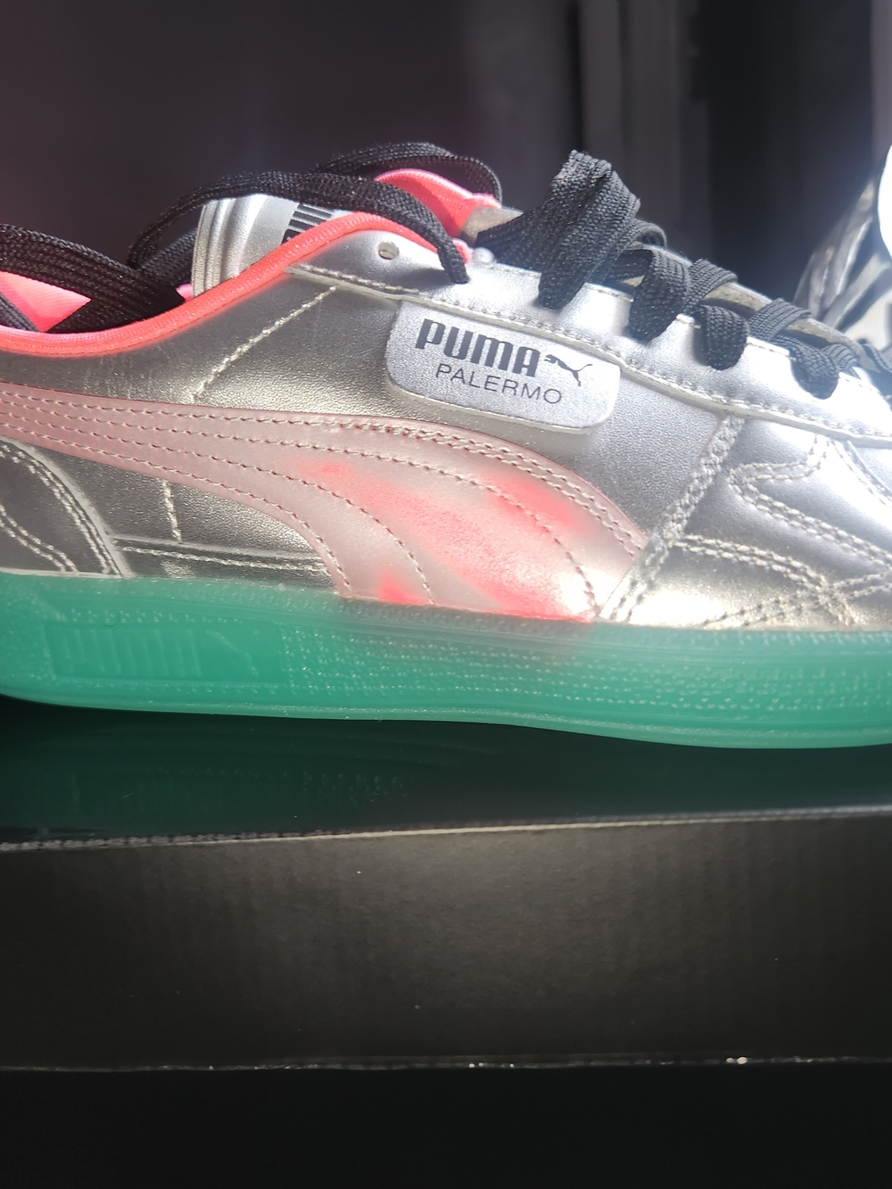 Puma Palermo Silver Sneakers with Pink Accents and Green Translucent Sole